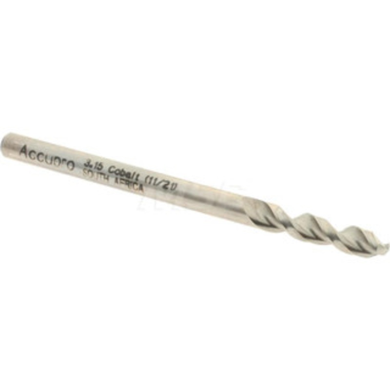Accupro 0.124 130 Parabolic Flute Cobalt Screw Machine Drill Bit Bright Finish, Right Hand Cut, 0.709 Flute Length, 1.929 OAL, Split Point, Straight Shank 1630315-AC – 01331636