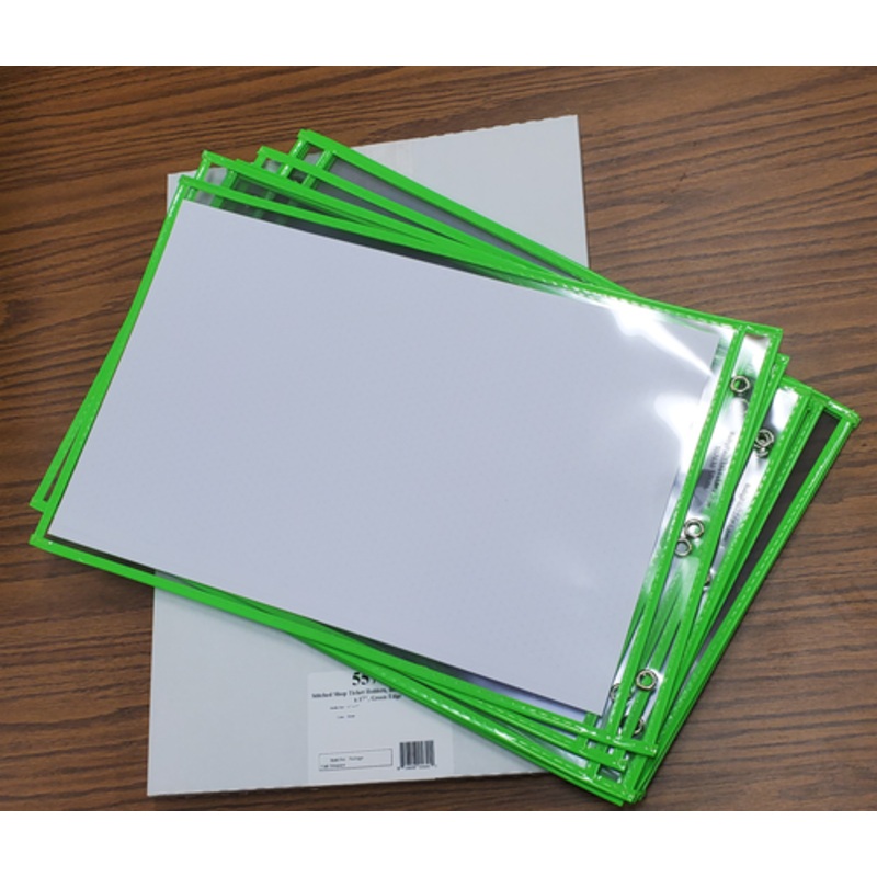 Stitched Shop Ticket Holders, Both Sides Clear, 11 x 17, Green (10 per pack)