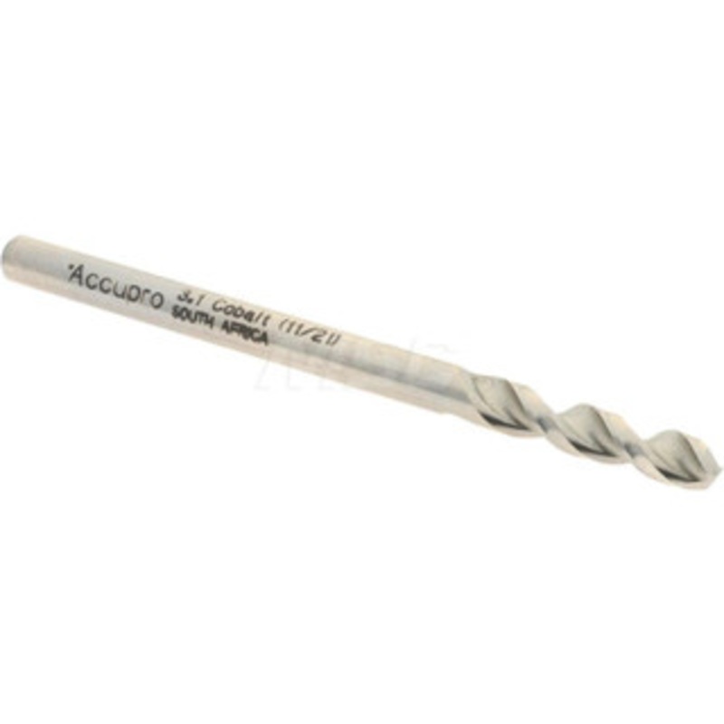 Accupro 0.122 130 Parabolic Flute Cobalt Screw Machine Drill Bit Bright Finish, Right Hand Cut, 0.709 Flute Length, 1.929 OAL, Split Point, Straight Shank 1630310-AC – 01331628