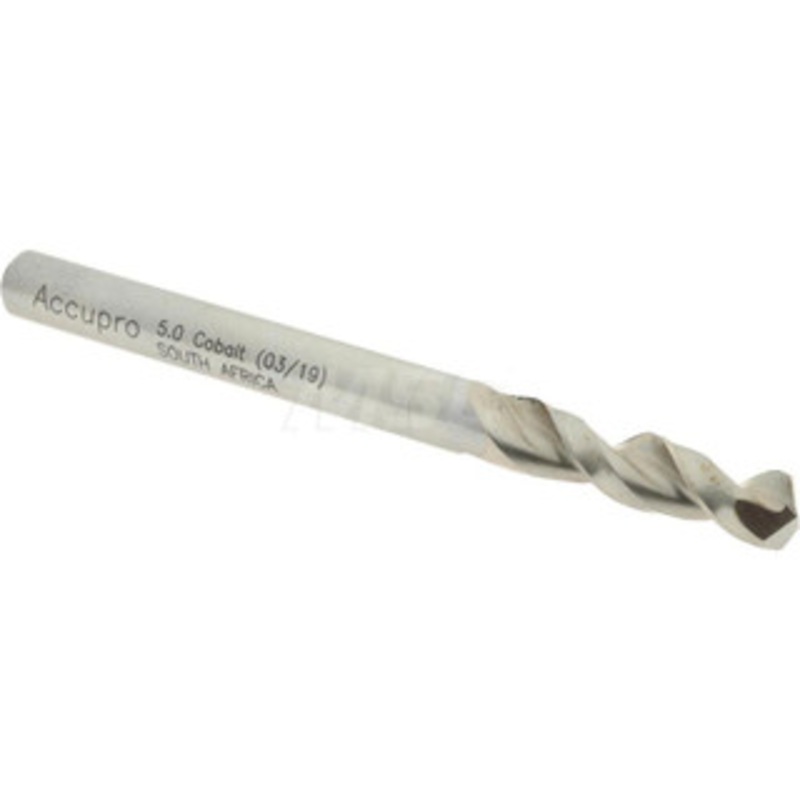 Accupro 0.1969 130 Parabolic Flute Cobalt Screw Machine Drill Bit Bright Finish, Right Hand Cut, 1.024 Flute Length, 2.441 OAL, Split Point, Straight Shank 1630500-AC – 01332105