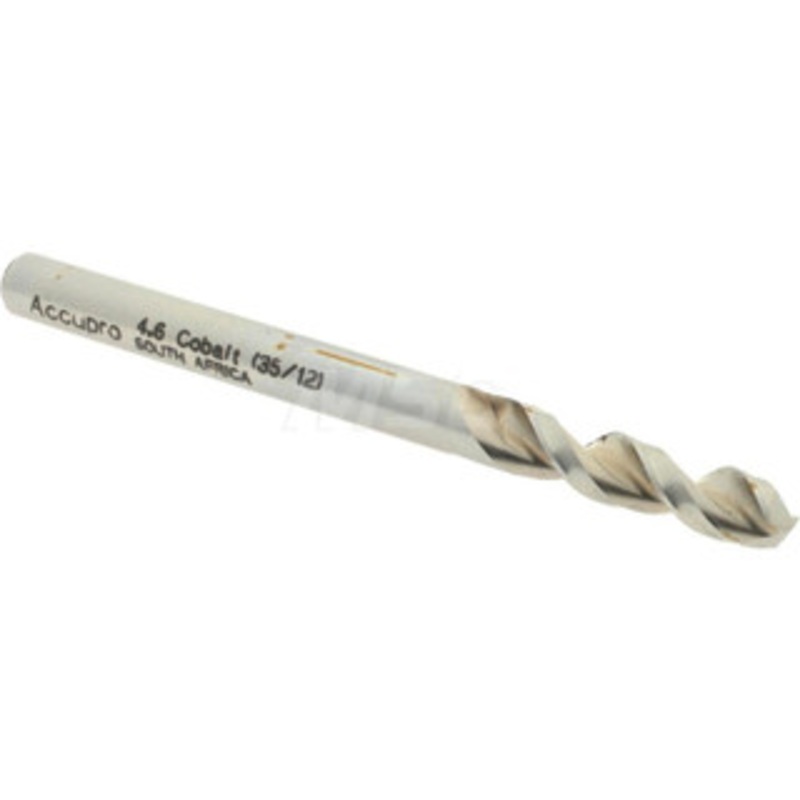 Accupro 0.1811 130 Parabolic Flute Cobalt Screw Machine Drill Bit Bright Finish, Right Hand Cut, 0.945 Flute Length, 2.283 OAL, Split Point, Straight Shank 1630460-AC – 01332006