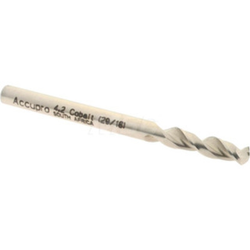 Accupro 0.1654 130 Parabolic Flute Cobalt Screw Machine Drill Bit Bright Finish, Right Hand Cut, 0.866 Flute Length, 2.165 OAL, Split Point, Straight Shank 1630420-AC – 01331909