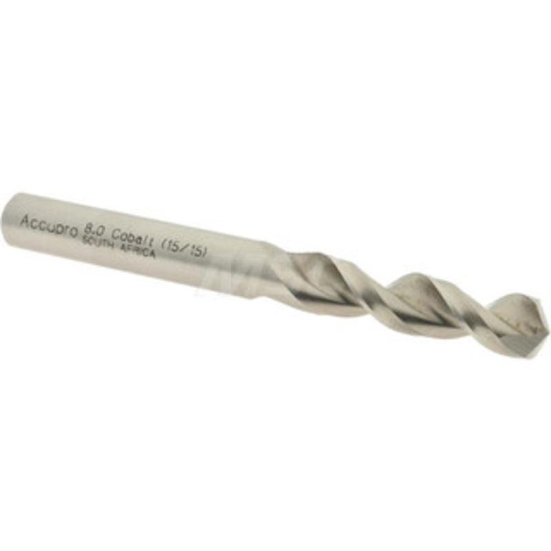Accupro 0.315 130 Parabolic Flute Cobalt Screw Machine Drill Bit Bright Finish, Right Hand Cut, 1.457 Flute Length, 3.11 OAL, Split Point, Straight Shank 1630800-AC – 01332642