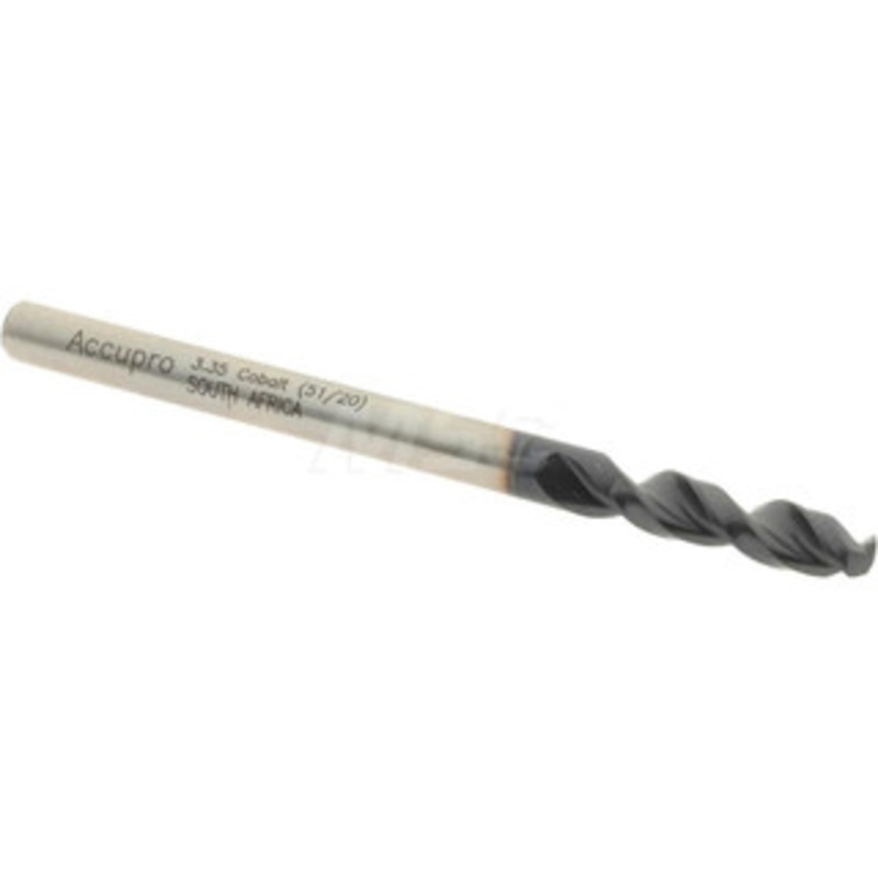 Accupro 0.1319 130 Parabolic Flute Cobalt Screw Machine Drill Bit TiAlN Finish, Right Hand Cut, 0.709 Flute Length, 1.929 OAL, Split Point, Straight Shank 1630335A-AC – 01348630